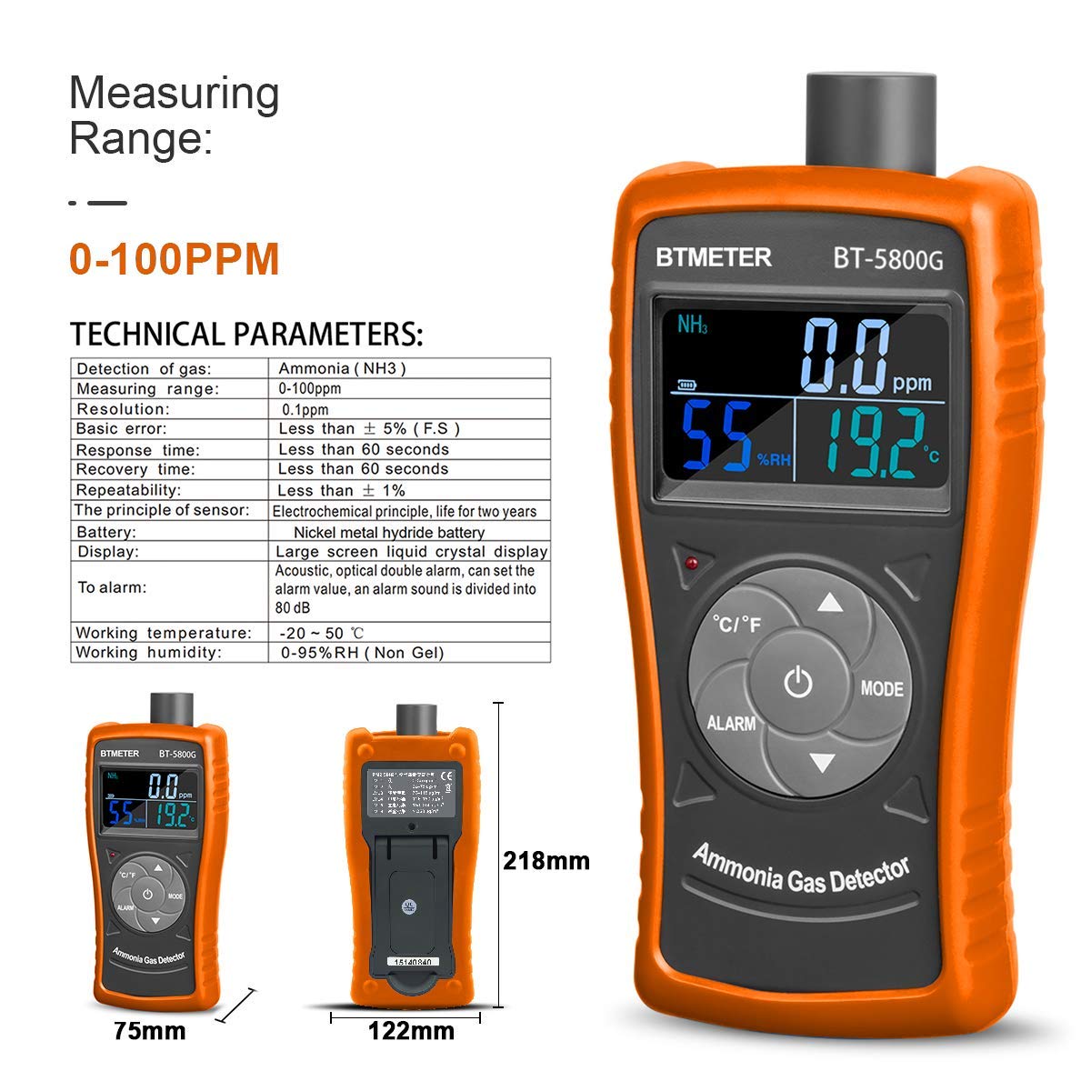 BTMETER BT-5800G Ammonia Gas Detector Sensor tests for 0~100PPM Nh3. Monitor includes temperature, humidity tester.