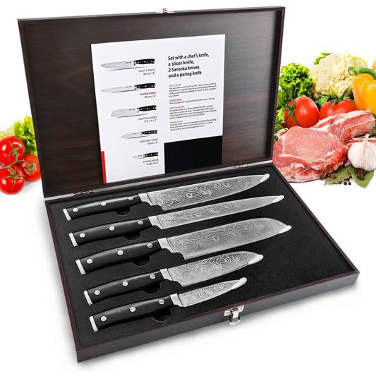 HUIKAILI Knife Set, Professional Stainless Steel Kitchen Knife Set, Sharp, Non-Slip, Frosted Handle, with Chef's Knife, Knife Sharpener, 2 Santoku Knives, and Paring Knife