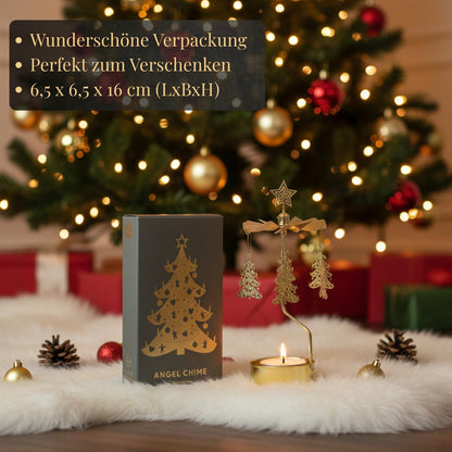 Tealight holder Angel Gold 16 cm - rotating metal candle holder, powered by candle heat, elegant Christmas & winter decor in Scandinavian style, gift packaging included.