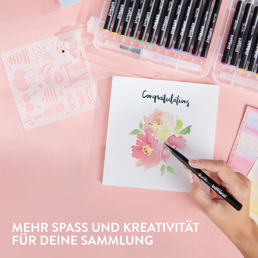 int!rend 24 watercolor pencils brush pens - Brush Pen Set - 2 water brush pens - 20 sheets of watercolor paper 5 stencils - watercolor markers - brush pens for adults