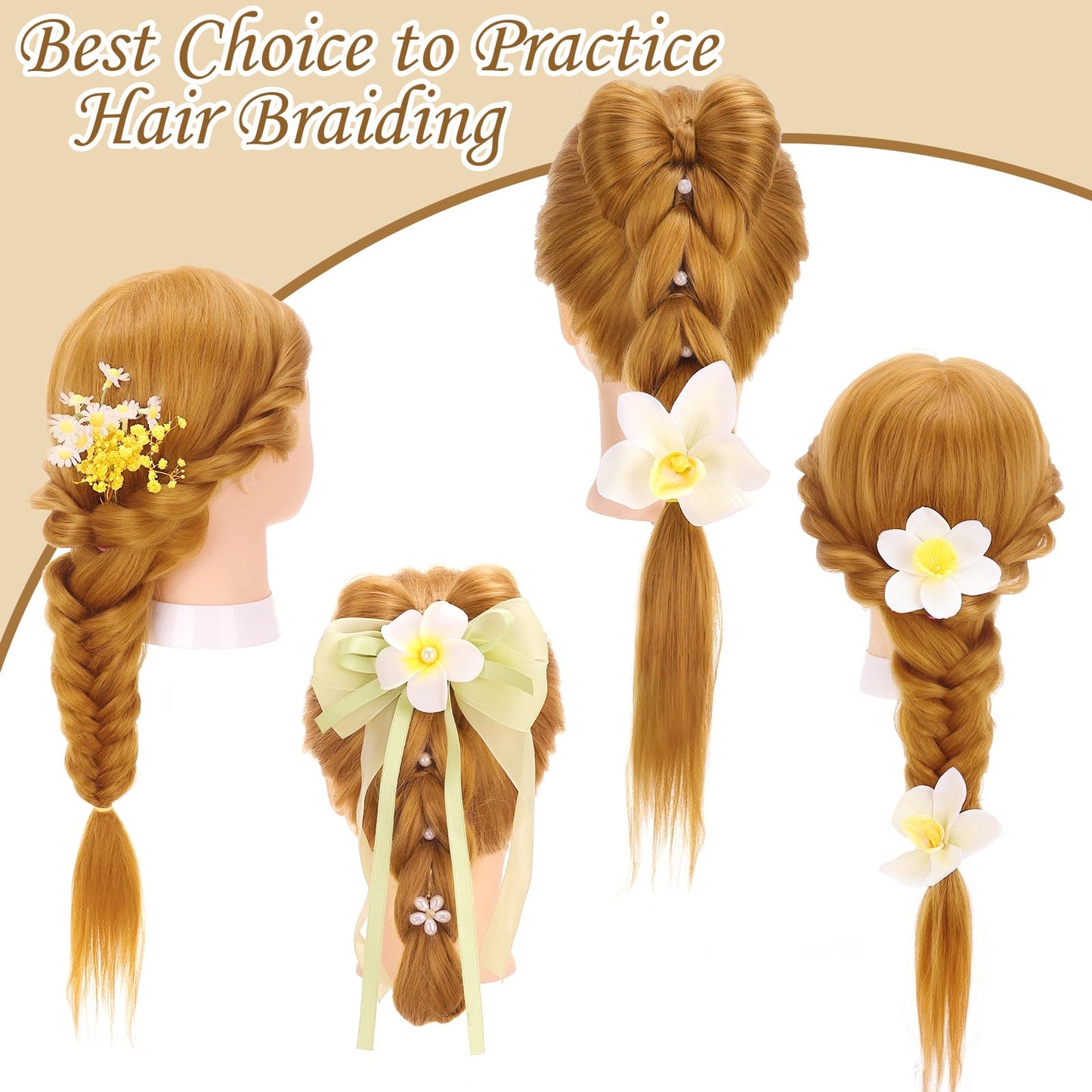 TopDirect Styling Head, 66cm/26 inch doll head for styling long hair, 70% human hair training head, hairdressing mannequin with braiding aid & stand, gold