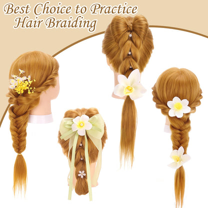 TopDirect Styling Head, 66cm/26 inch doll head for styling long hair, 70% human hair training head, hairdressing mannequin with braiding aid & stand, gold