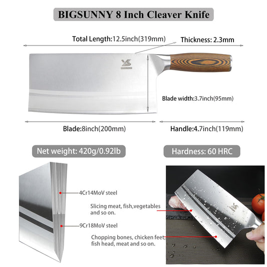 MSY BIGSUNNY cleaver Chinese chef knife, blade length 20.5cm, large blade, high carbon steel, wood handle color.
