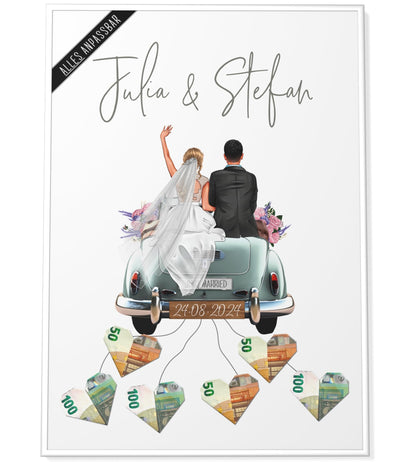 Paper Forge® Customized money gift wedding | COUPLE IS CUSTOMIZABLE | DIY wedding gifts for the bride and groom | A2 poster with frame wedding car money gift picture "Old Car"