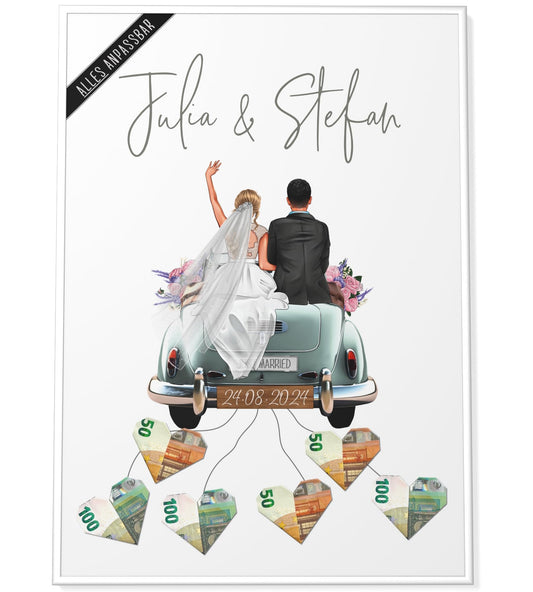 Paper Forge® Customized money gift wedding | COUPLE IS CUSTOMIZABLE | DIY wedding gifts for the bride and groom | A2 poster with frame wedding car money gift picture "Old Car"
