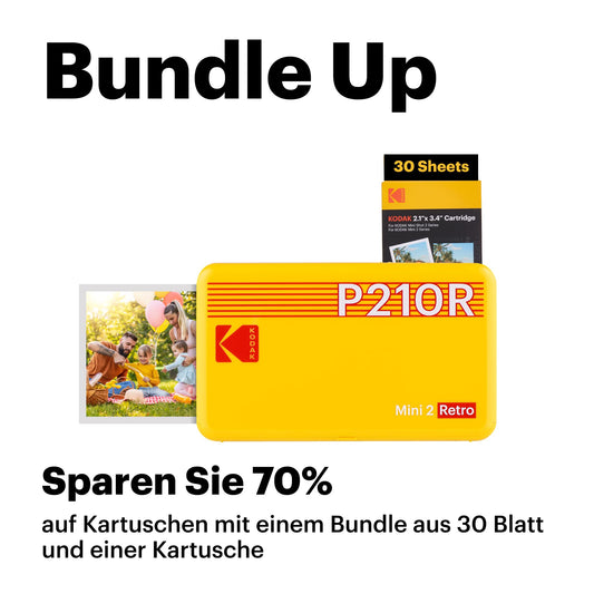 KODAK Mini 2 Retro mobile photo printer for smartphones, mini printer with Bluetooth, 54x86mm, 38 sheet bundle, Yellow
