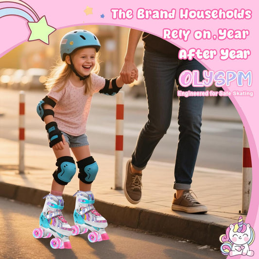 OLYSPM Kids Roller Skates Adjustable Ladies Roller Skates, LED Roller Skates and 4 Sizes Adjustable, Roller Skates with Storage Bag for Girls, Boys and Beginners (Pink)