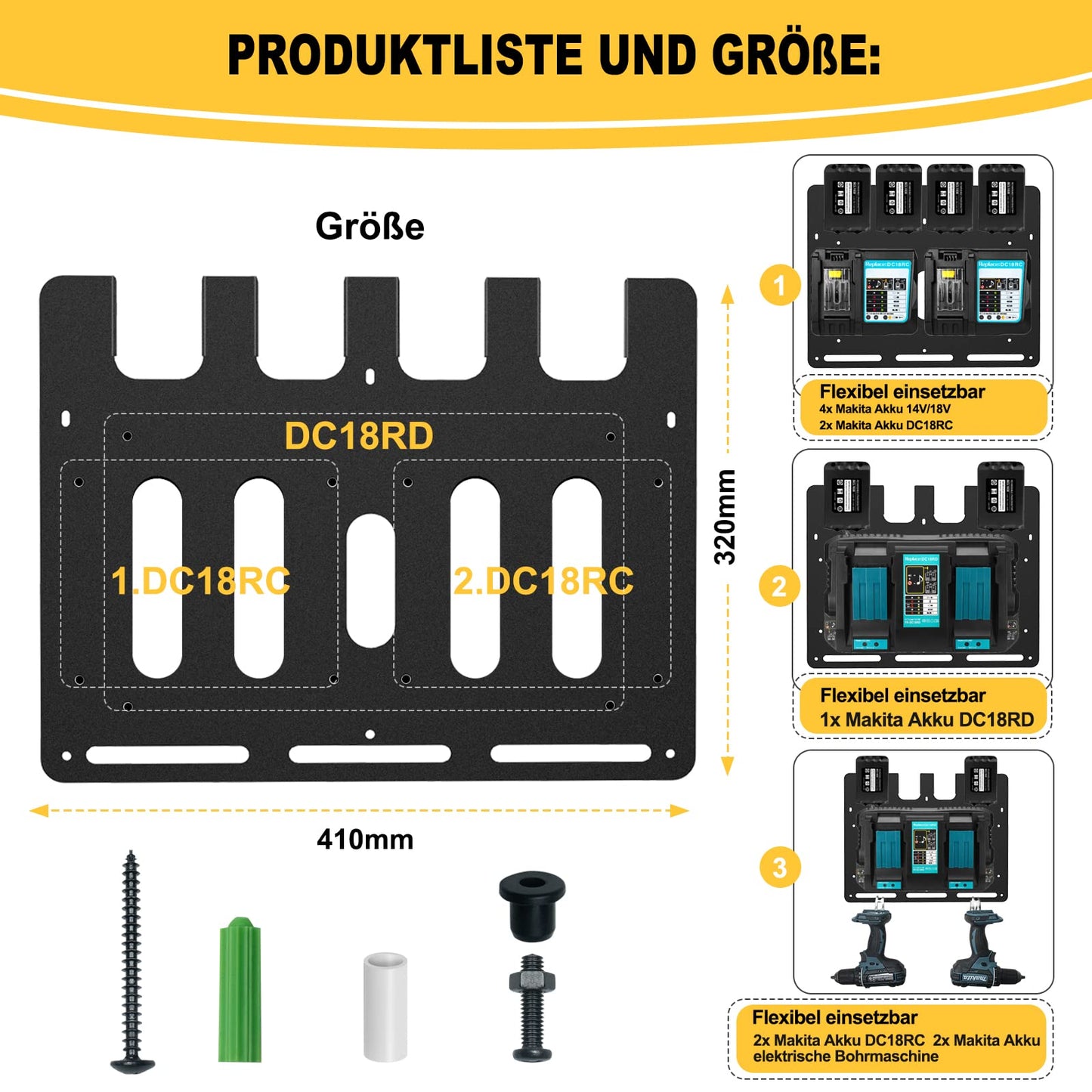 Bonna wall mount for Makita battery holders and chargers | Stable 4-slot battery holder 18V 14.4V and charger holder | Makita 2xDC18RC and 1xDC18RD | Organization in workshop and garage.