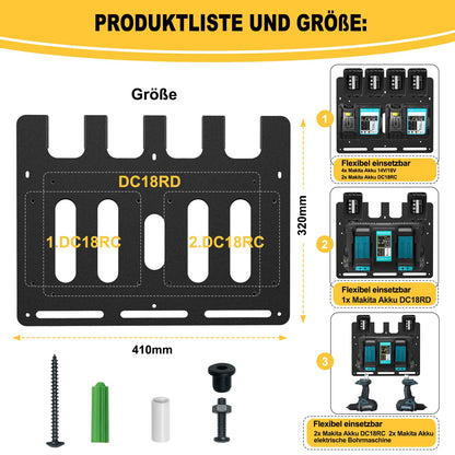Bonna wall mount for Makita battery holders and chargers | Stable 4-slot battery holder 18V 14.4V and charger holder | Makita 2xDC18RC and 1xDC18RD | Organization in workshop and garage.