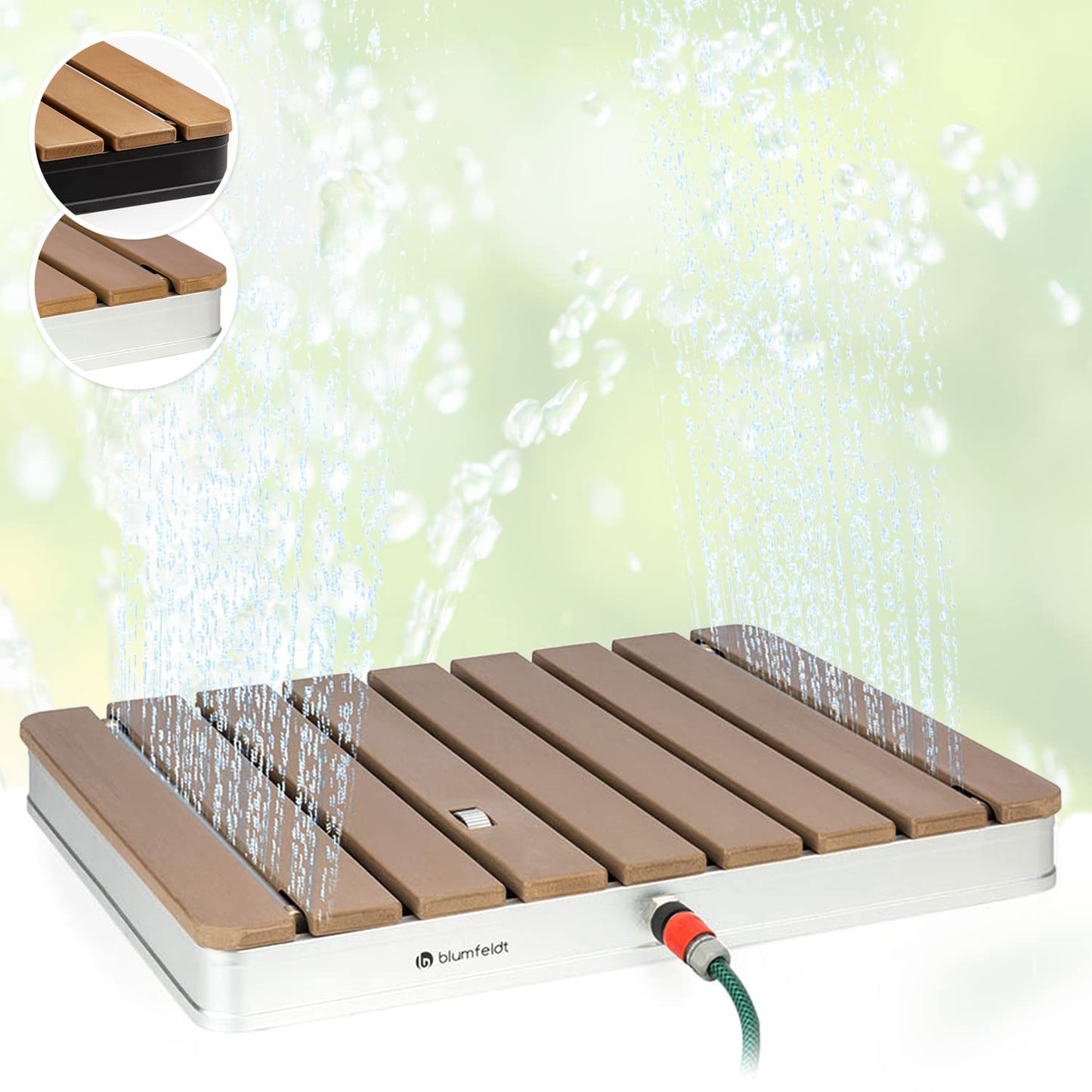 Blumfeldt Mobile Garden Shower, outdoor shower for the garden, floor shower with 4m fountain height, floor garden shower with wood look for pool & sauna, outdoor shower waterproof, frost- & UV-resistant.