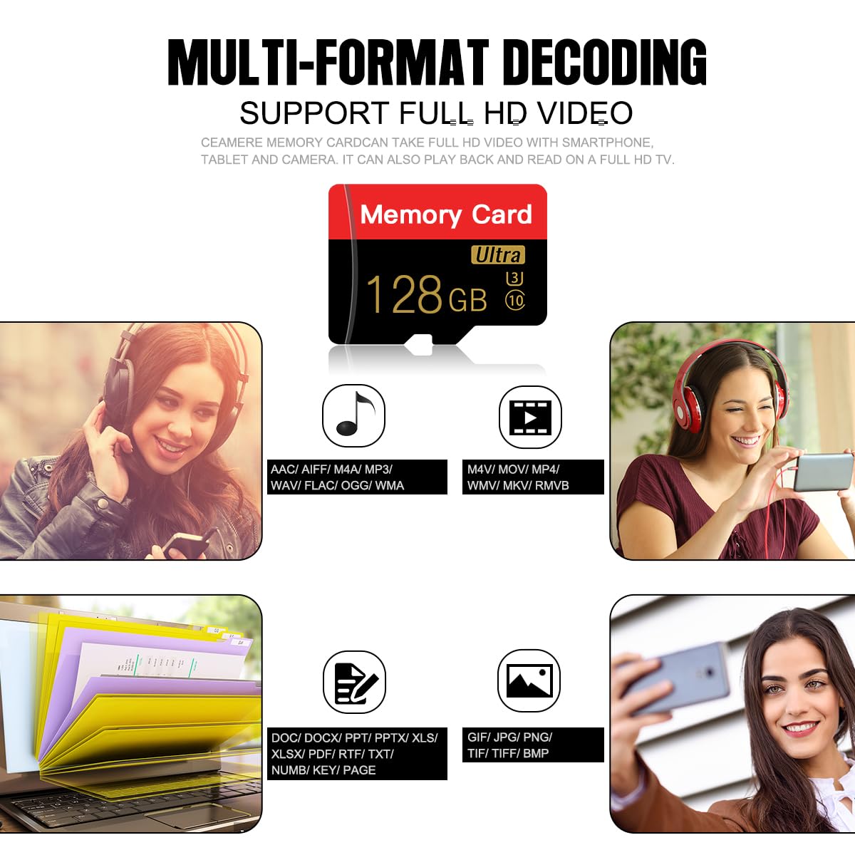 2 pieces of 128GB Micro SD card with adapter, C10/U3/UHS-I/A1, TransFlash card, TF card for camera, smartphone, tablet, drone (Red 128GB *2)
