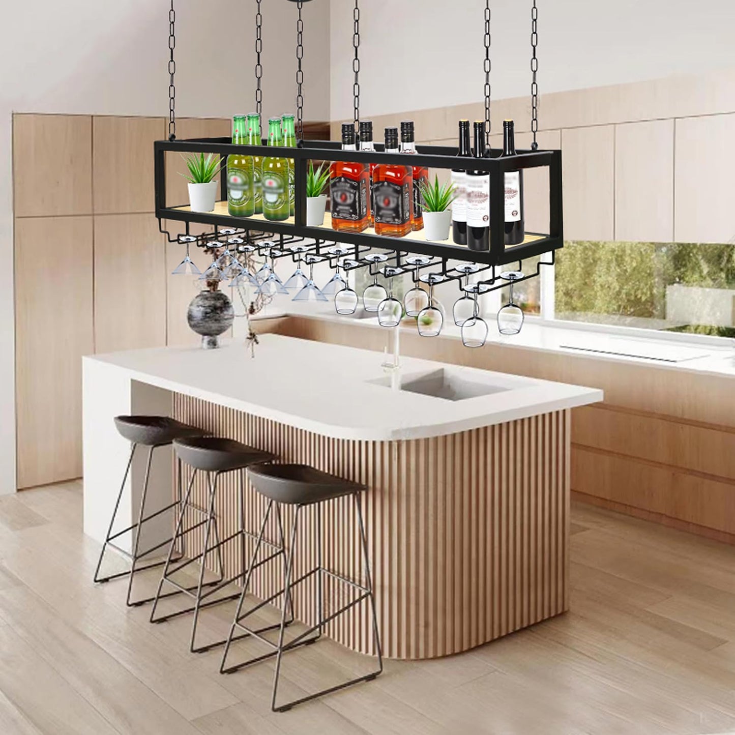 DSVONAUS Ceiling Shelf Wine Rack with Glass Holder, Hanging Metal Wine Bottle Holder, Adjustable Height Industrial Ceiling Wine Rack, Ceiling Decor Shelf for Bars, Restaurants, Kitchens (60×25×100cm)