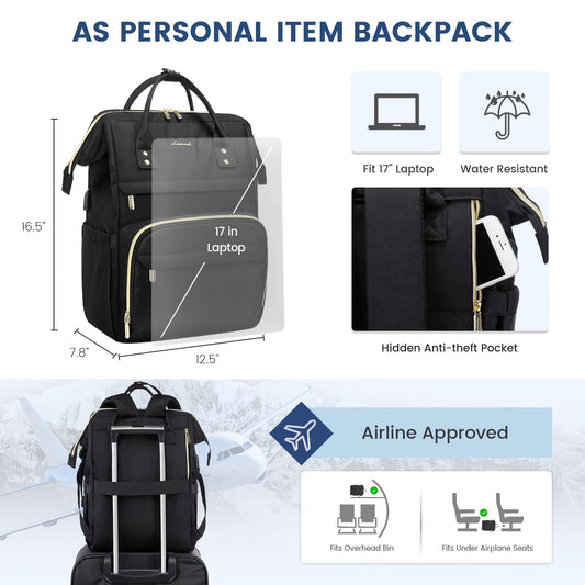 LOVEVOOK backpack for women, waterproof 17 inch laptop backpack, large school bag, backpack for women, school backpack for teenagers, girls' daypack for school, work, and travel in black.