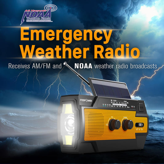 FosPower - Crank Radio NOAA/AM/FM with 14800mWh (4000mAh) Portable Power Bank - USB, Solar, Hand Crank & Battery Powered - SOS Alarm & Flashlight for emergencies indoors & outdoors.