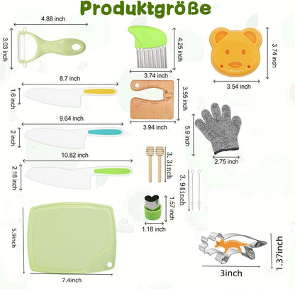 47-piece children's kitchen knife set with dinosaur cookie cutters and kid-friendly knives for cutting cakes, cookies, fruit, sandwiches, and vegetables.