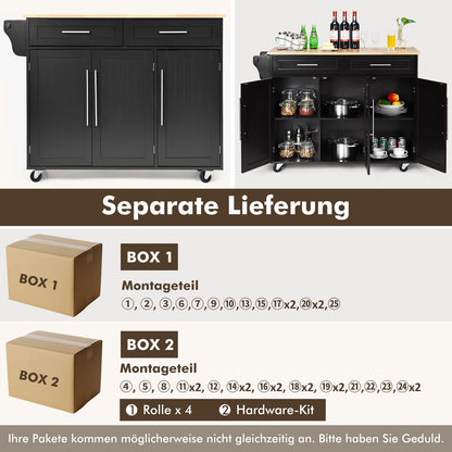 COSTWAY Kitchen Cart on Wheels, Kitchen Serving Trolley with Drawers, Kitchen Island Cart Buffet Cabinet Wood, Kitchen Cabinet with Countertop (Black)