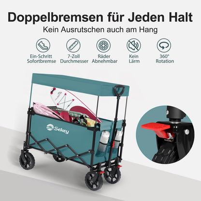 Sekey XXL folding wagon for children 150L 150KG, foldable wagon with canopy, collapsible handcart with sun protection for trips to the beach camping, roof S 4018, green