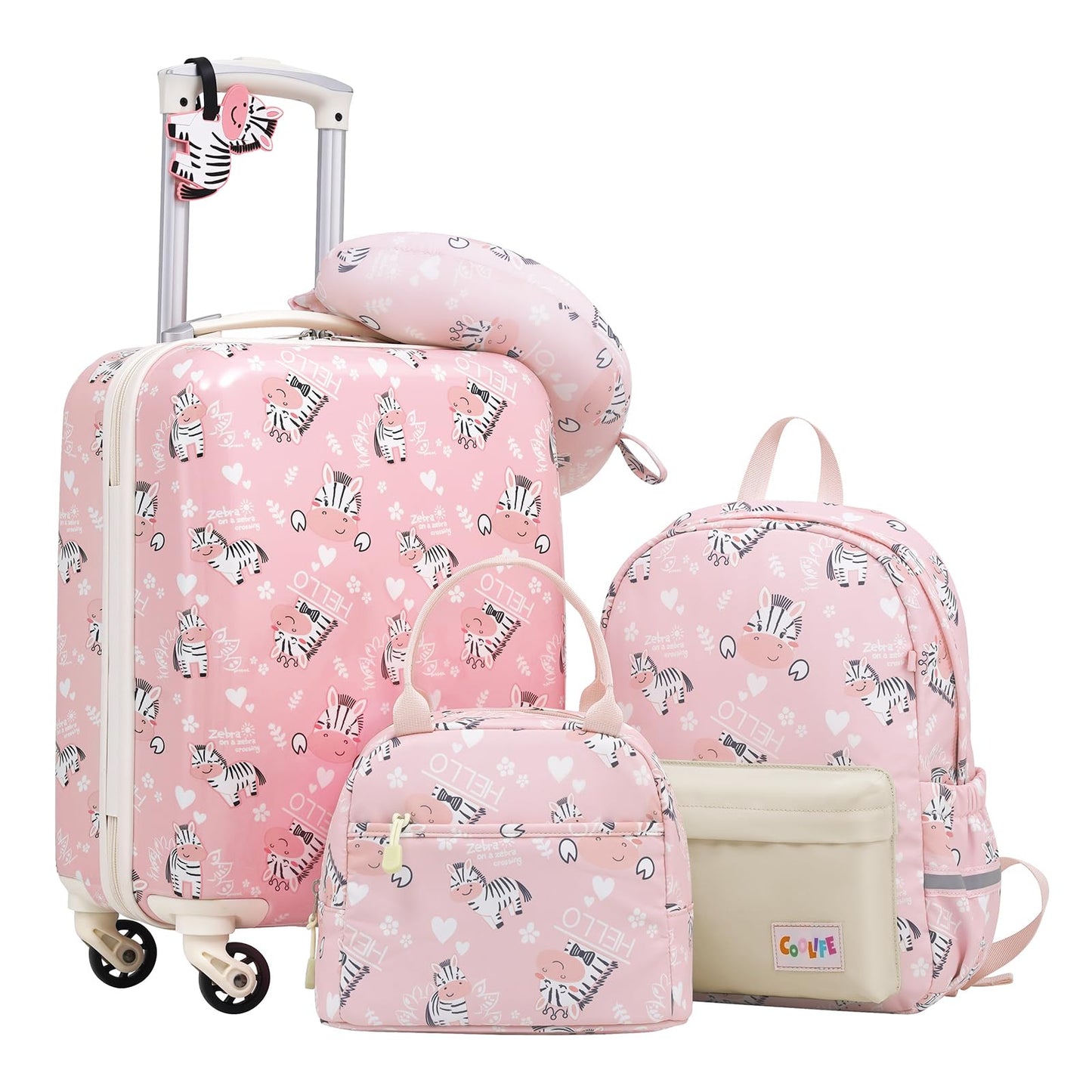 COOLIFE 5pc Kids Luggage Set with Backpack, Plastic Children's Suitcase, Kids Travel Bags, Kids Carry-on Suitcase Set for Boys and Girls (Zebra, Set of 5)
