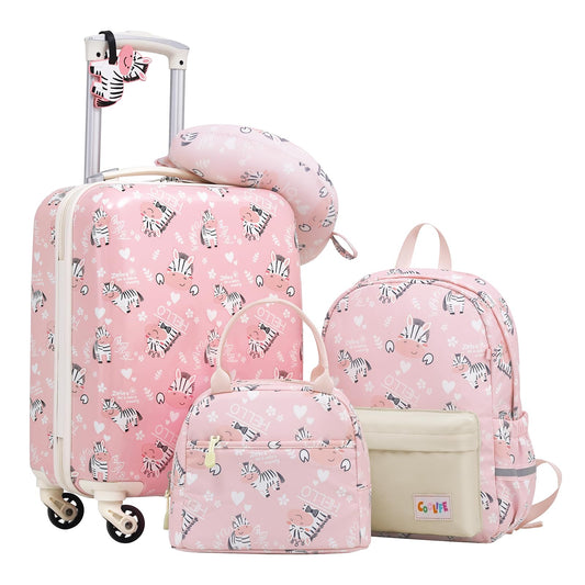 COOLIFE 5pc Kids Luggage Set with Backpack, Plastic Children's Suitcase, Kids Travel Bags, Kids Carry-on Suitcase Set for Boys and Girls (Zebra, Set of 5)