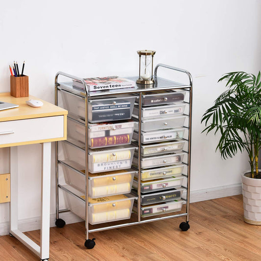 COSTWAY rolling cart with 15 stackable drawers, drawers cart with metal frame and shelf, bathroom trolley storage cart for office, living room, 62.5 x 37 x 87 cm.