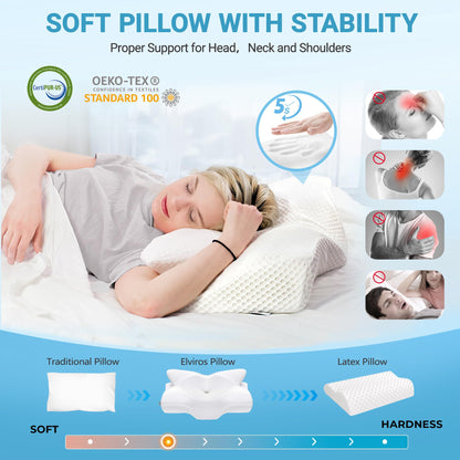 Elviros Orthopedic Memory Foam Pillow, Side Sleeper Pillow Neck Support Pillow Head Pillow Neck Pain Ergonomic Sleep Pillow for Neck and Shoulder Pain 64 x 12.5/10.5 x 38cm