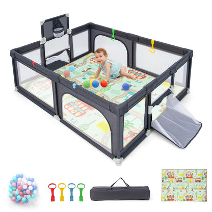 DREAMADE playpen for baby, 188 x 157cm playpen with mattress & basketball hoop & pull ring, safety gate with non-slip base, playpen for kids.
