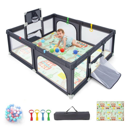 DREAMADE playpen for baby, 188 x 157cm playpen with mattress & basketball hoop & pull ring, safety gate with non-slip base, playpen for kids.