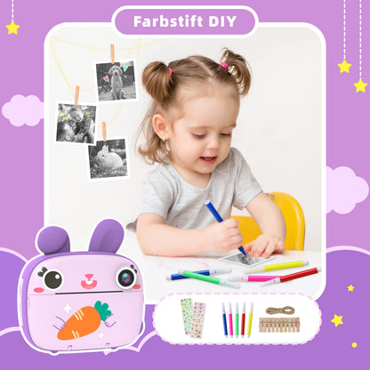 Children's camera instant camera, CAMCLID camera for children with 3 rolls of thermal paper & 32GB card, digital camera & video camera with 2.4" screen, instant camera gift for girls boys (purple)