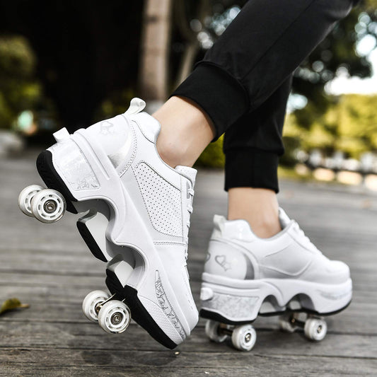 Roller skate shoes, skate shoes with wheels, inline skate, adjustable women's shoes with wheels for girls (size 38, White Silver)
