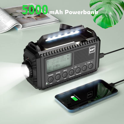 Crank radio DAB/FM, portable solar radio with LED flashlight & reading light, DAB+/FM dynamo radio IPX4, 5000mAh rechargeable emergency radio and SOS alarm. Suitable for hiking, camping, outdoor activities.