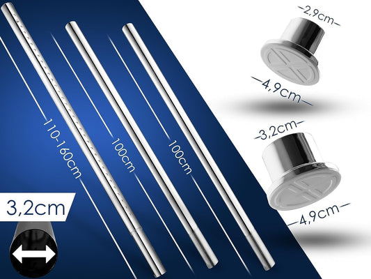 MEISENBERG Shower Rod without Drilling 310-360cm, Silver, Ø 32 mm, Telescopic Rod for Clamping - Telescopic Curtain Rod for Curtains, Shower, Door Openings, and Wardrobe