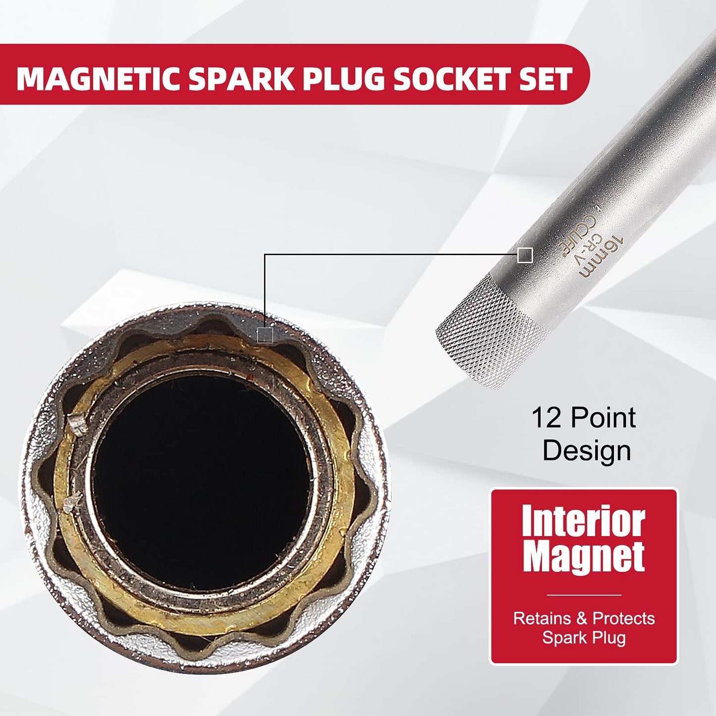 CCLIFE 2-piece magnetic spark plug socket 3/8" glow plug key tool SW 14mm 16mm Extra long 250mm