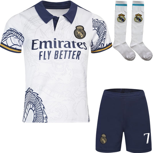 BlackAzat 2023/2024 Madrid #7 Vini Jr. Vinicius Kids Soccer Jersey Special, Shorts Socks Youth Sizes (White,24)