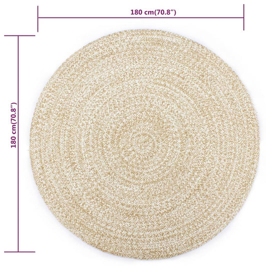 Handmade Jute White and Brown 180 cm Carpet Round Outdoor Rug Washable Living Room Carpet Small Two-Tone