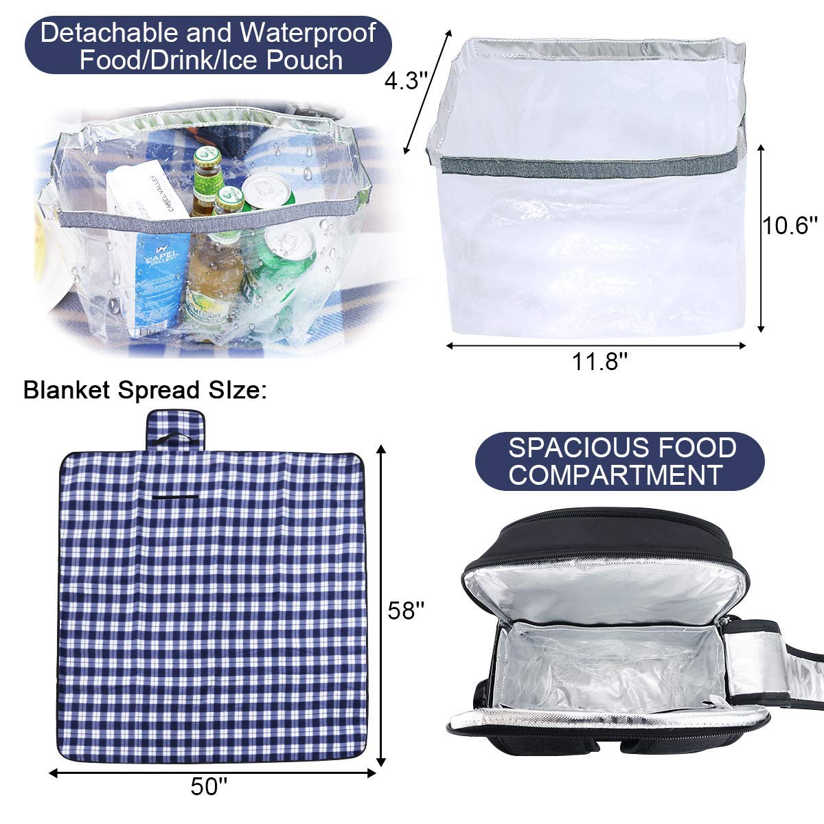 Sunflora picnic backpack for 4 people with blanket Picnic basket set for 2 with insulated cooler Wine bag for family couples (Black)