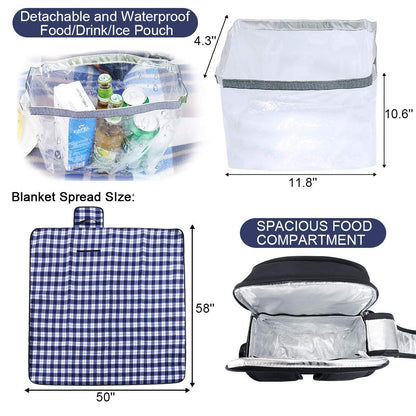 Sunflora picnic backpack for 4 people with blanket Picnic basket set for 2 with insulated cooler Wine bag for family couples (Black)