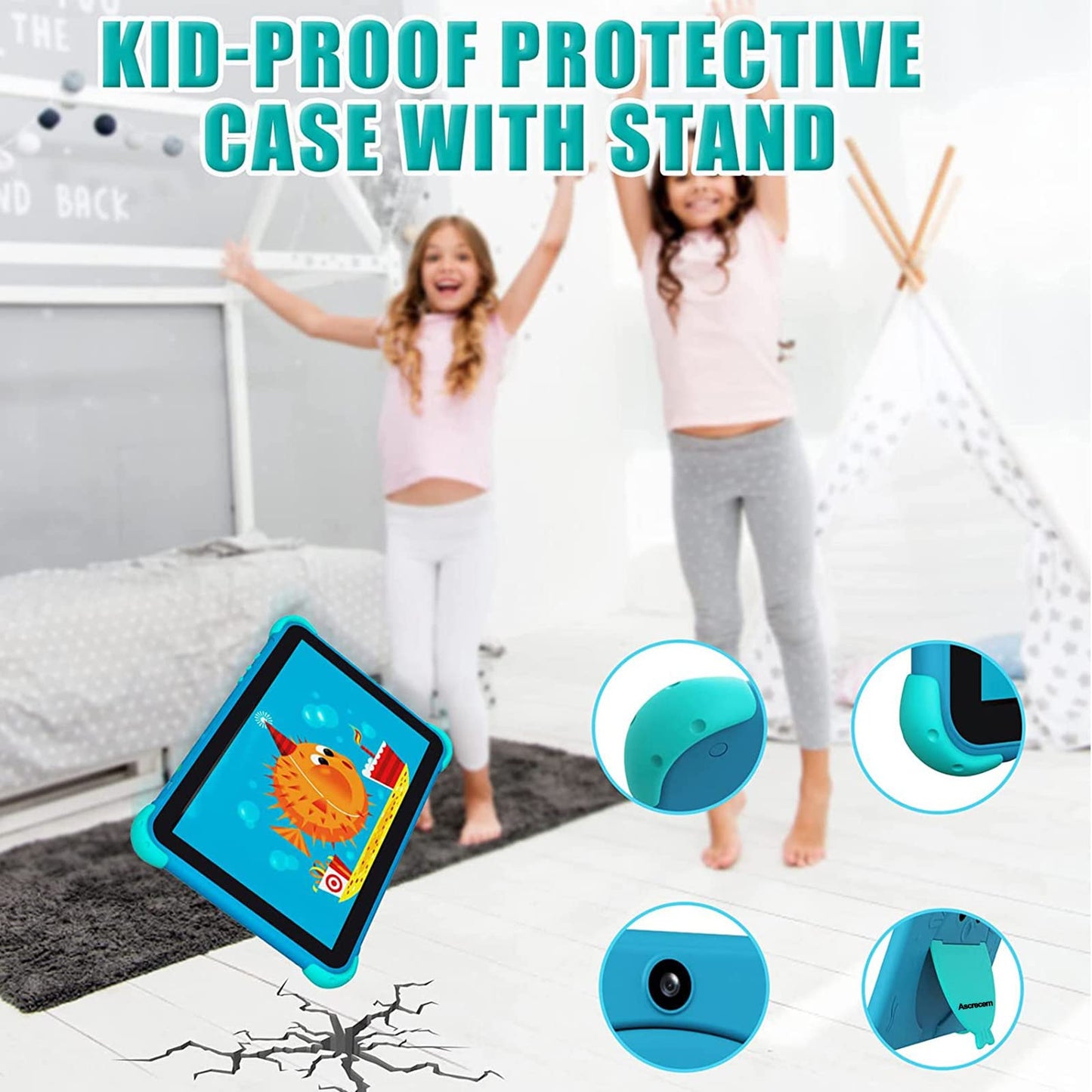 Ascrecem Kids Tablet 10 Inch Android Tablet with WiFi Dual Camera IPS Display 2GB 32GB ROM, Learning Children's Tablet for 3-14 Years Old, Toddler Tablets PC with Kid-Proof Case Kids Software (Blue)