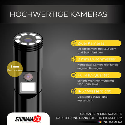 Industrial endoscope with dual camera, 10-meter cable, and 4.5-inch IPS display.