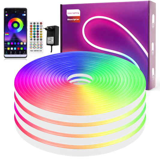 RGB LED Strip 10M, Neon LED Strip Color Changing, Music Sync, Waterproof, Silicone DIY Flexible Light Strip with Remote Control, APP Control for Indoor and Outdoor Decoration (Including Adapter)