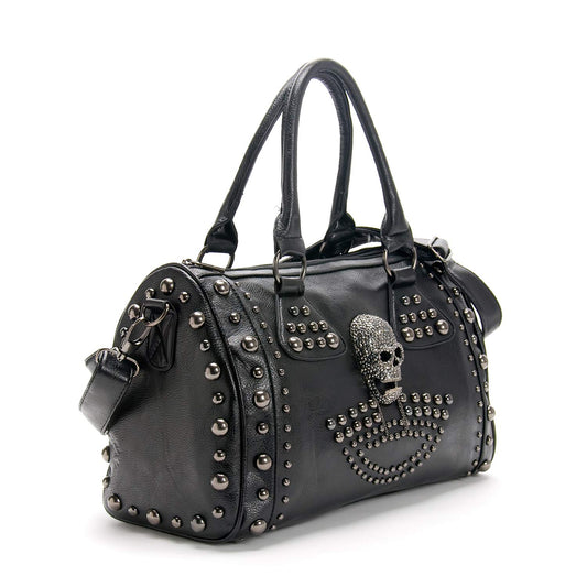 Alwaysky Women's Skull Handbag Large Capacity Gothic Shoulder Bag Studded Doctor Handbag, Black