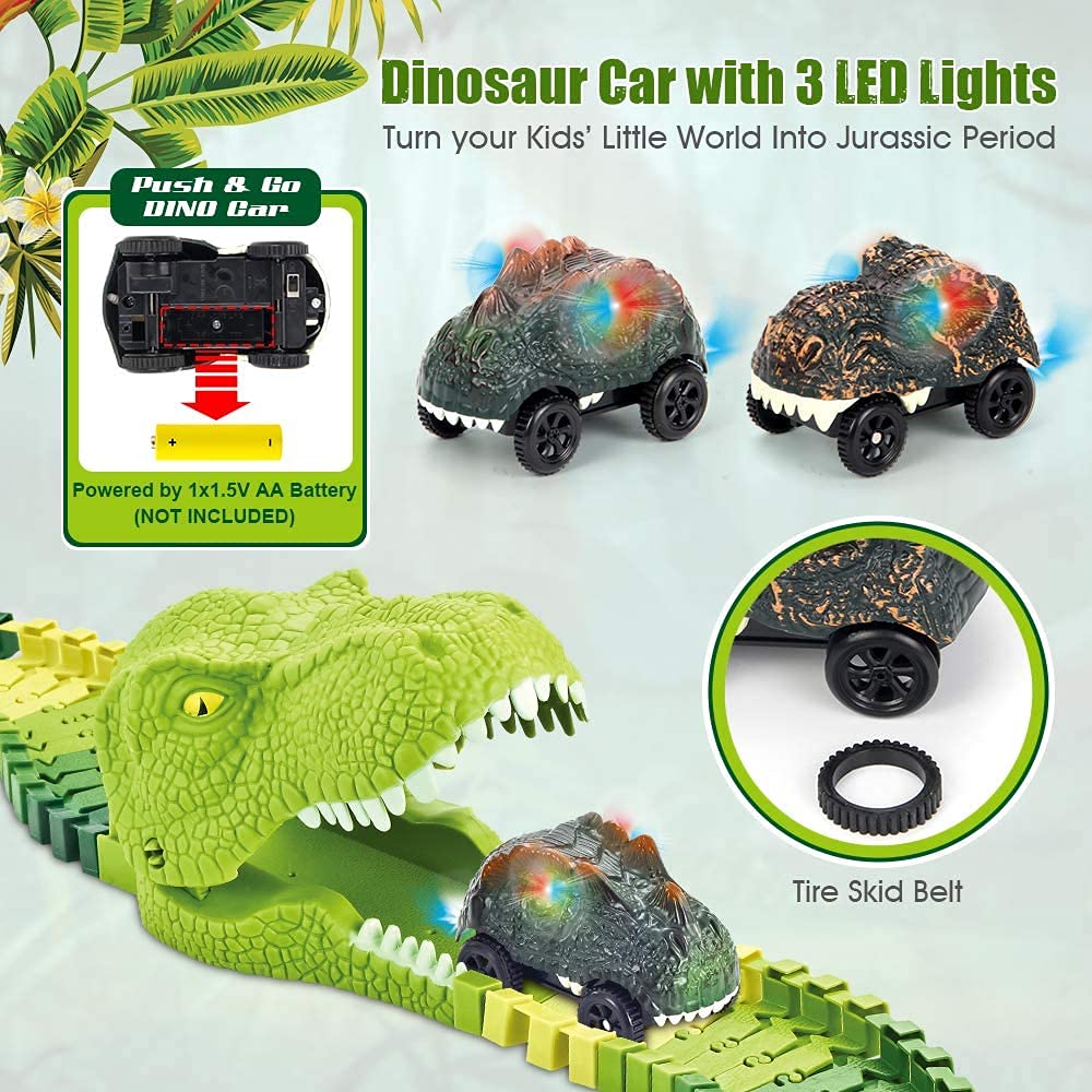 174-Piece Race Track Toys Flexible Train Tracks with 8 Dinosaur Figures, 2 Electric Race Car Vehicles Playset with Lights World Racing for Toddlers, Kids, Boys