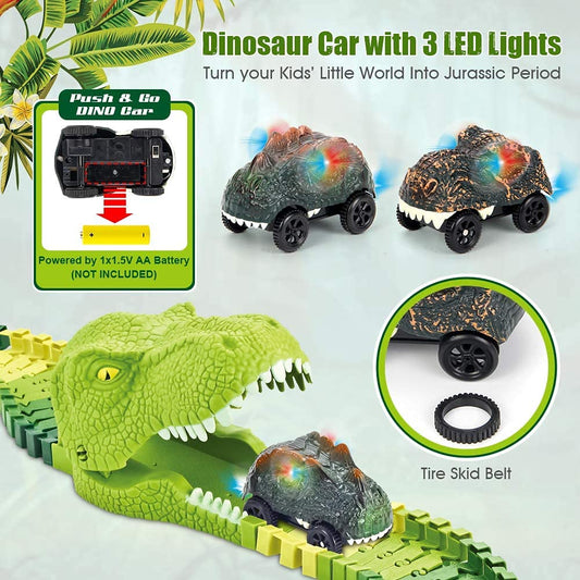 174-Piece Race Track Toys Flexible Train Tracks with 8 Dinosaur Figures, 2 Electric Race Car Vehicles Playset with Lights World Racing for Toddlers, Kids, Boys