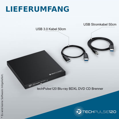 techPulse120 USB 3.0 3D External Blu-Ray Burner Burner M-Disc BDXL Superdrive Blu-ray Rom Drive BD DVD CD Slim for Computer PC Notebook Ultrabook Windows MacOS Apple iMac MacBook Pro Air Black