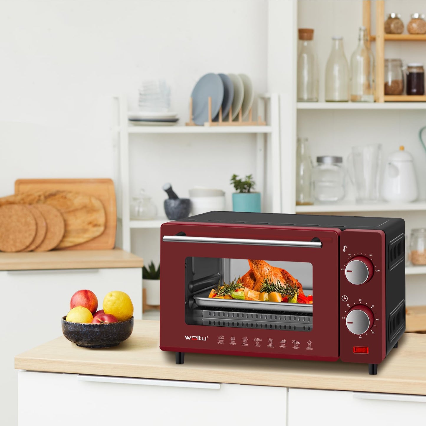 WOLTU Mini Oven 10 Liters, 650 Watts Toaster Oven, small electric oven, 100-230 °C, 60 min., top and bottom heat, with baking tray, grill grate, and detachable handle, red+black.