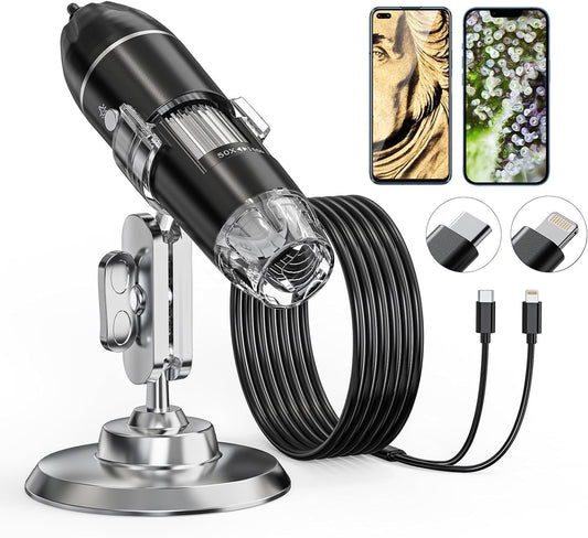 USB Microscope Digital, AOPICK 1440P microscope for iPhone Android, 10 to 200X digital microscope with 8 LED & stand HD Mobile Microscope Compatible with iOS, Android, Tablet