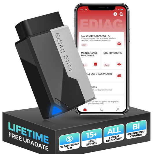 KINGBOLEN EDIAG Elite OBD2 diagnostic device with Bluetooth, full system coverage, 15 resets, active tests, vehicle performance test for iPhone & Android, FCA and Can FD, lifetime updates.