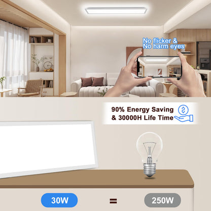 IEGLED LED ceiling light panel, 100x25cm flat dimmable ceiling lamp with remote control, 30W ceiling panel light with memory function, 2700K-6500K LED light panel for living room, hallway, bedroom, White