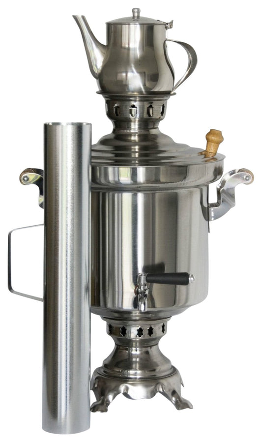Russian/Turkish stainless steel charcoal samovar with 5 liters capacity and 1 liter teapot.