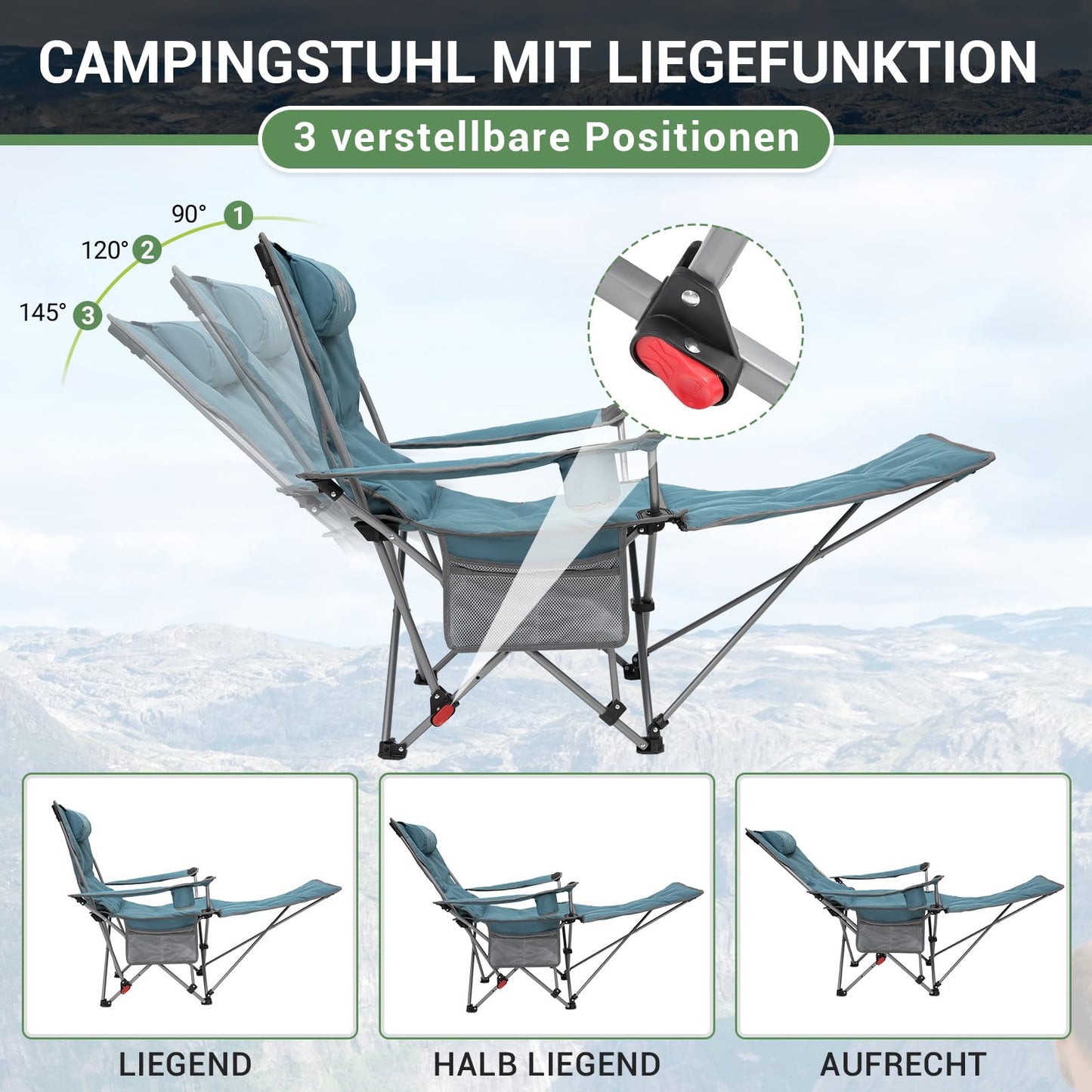 #WEJOY 2-in-1 camping chair with footrest, padded recliner with adjustable backrest, lounge chair with cup holder, perfect for outdoor camping in cyan color. Set includes 2 chairs.