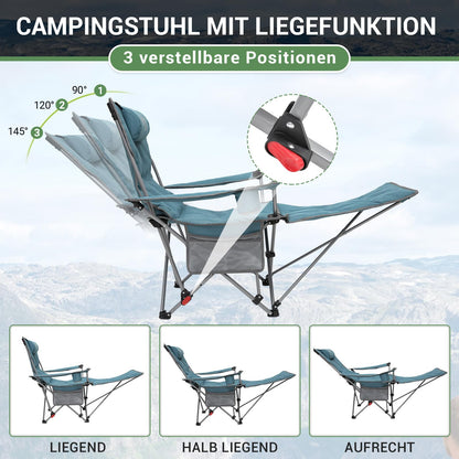 #WEJOY 2-in-1 camping chair with footrest, padded recliner with adjustable backrest, lounge chair with cup holder, perfect for outdoor camping in cyan color. Set includes 2 chairs.